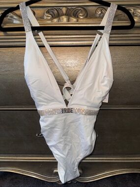 White Rhinestone 'BRIDE' One-Piece Swimsuit